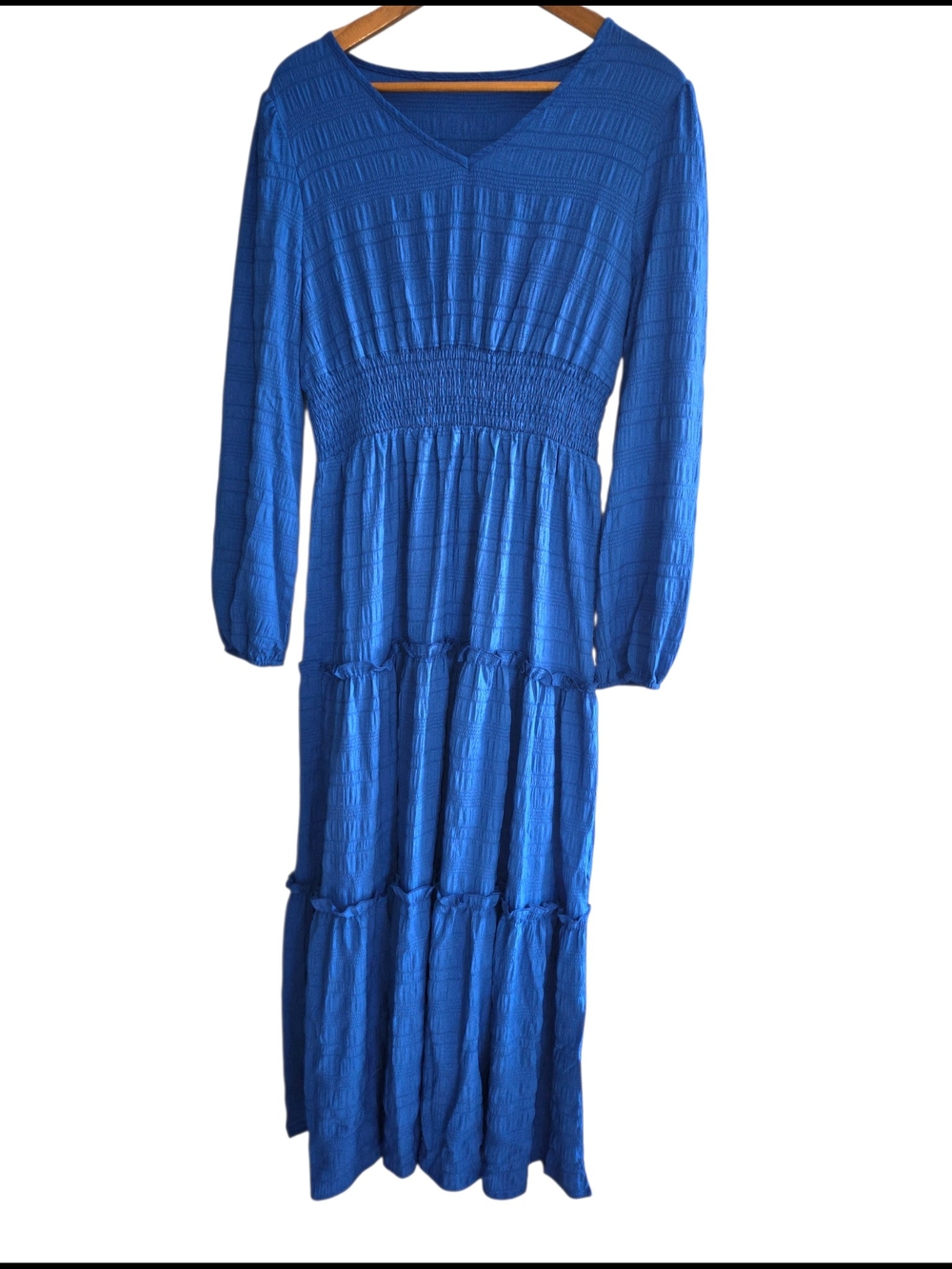 Blue Long Sleeve Smocked Waist Maxi Dress